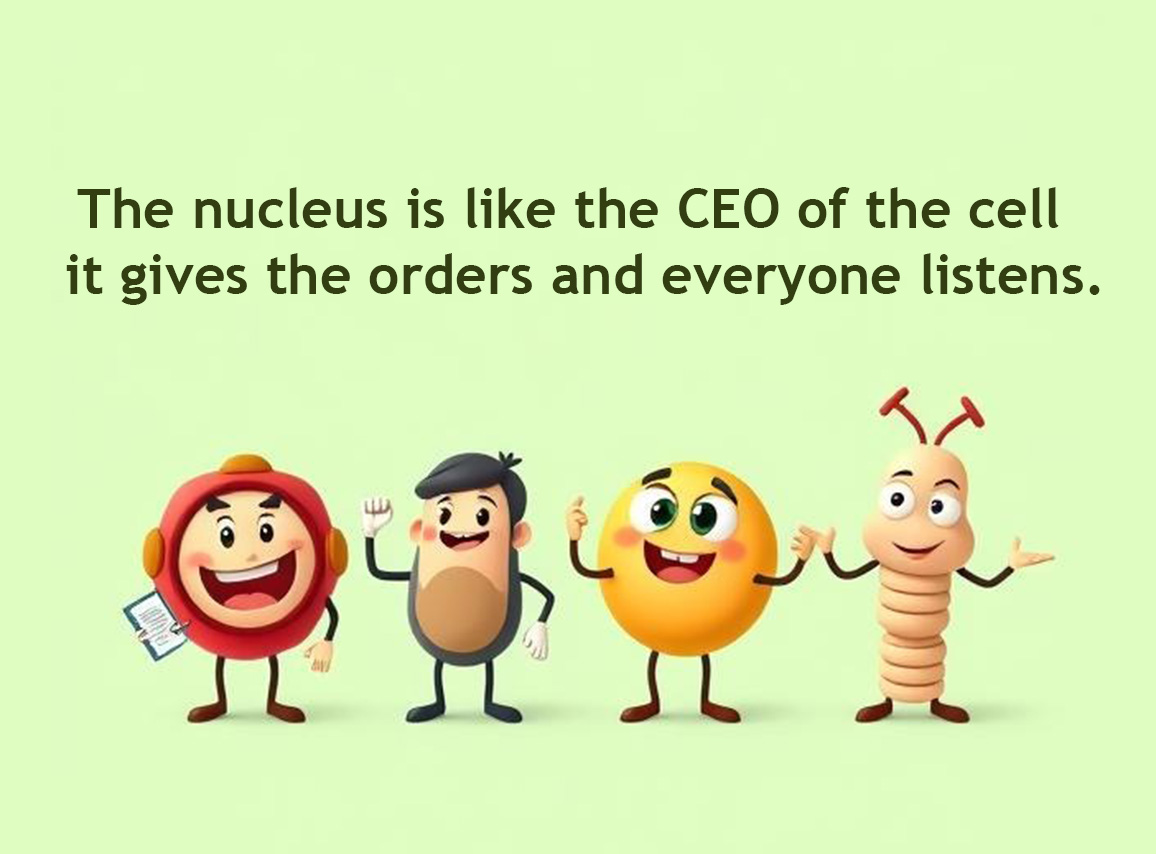 The nucleus is like the CEO of the cell 
 it gives the orders and everyone listens.