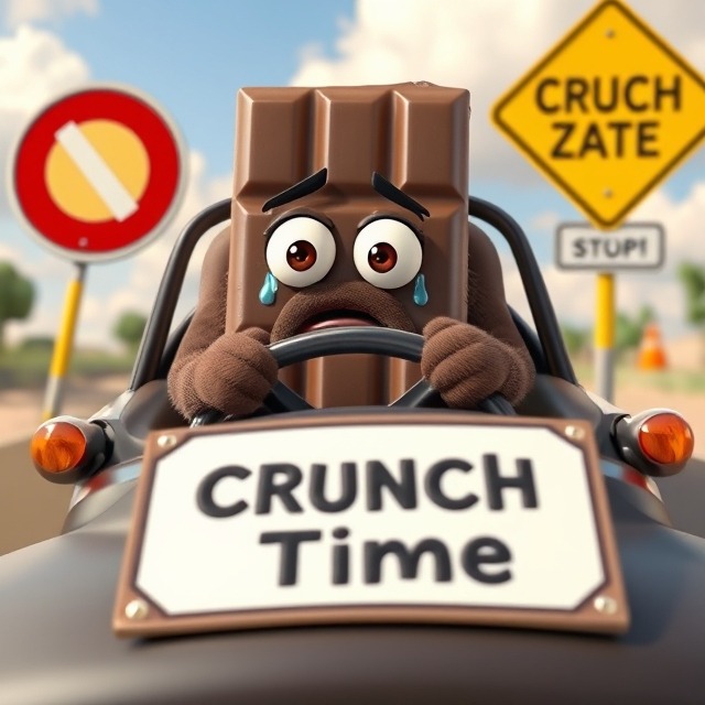 Why did the chocolate bar fail its driving test It couldn’t handle the crunch time.